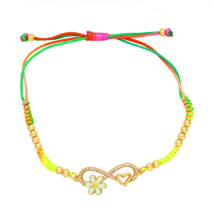 Ethnic Style Heart Shape Symbol Flower Rope Copper Enamel Braid Gold Plated Zircon Bracelets 1 Piece