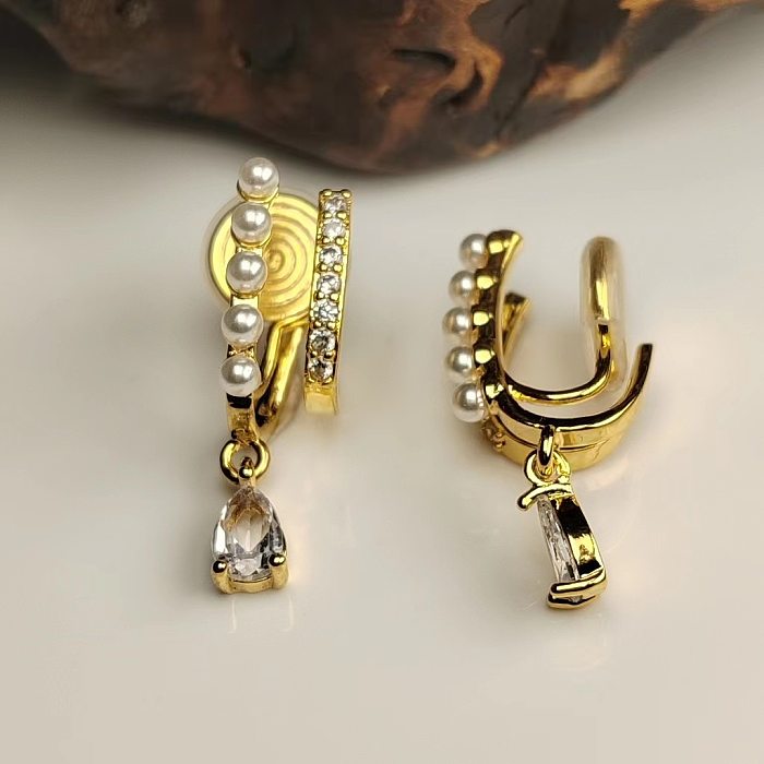 1 Pair Simple Style Geometric Inlay Copper Artificial Pearls Zircon Drop Earrings