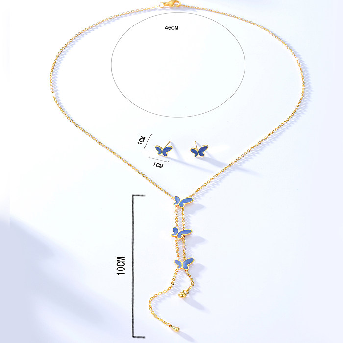 Modisches böhmisches Set mit Ohrringen und Halsketten aus Edelstahl mit 18-karätigem Gold und blauem Schmetterling
