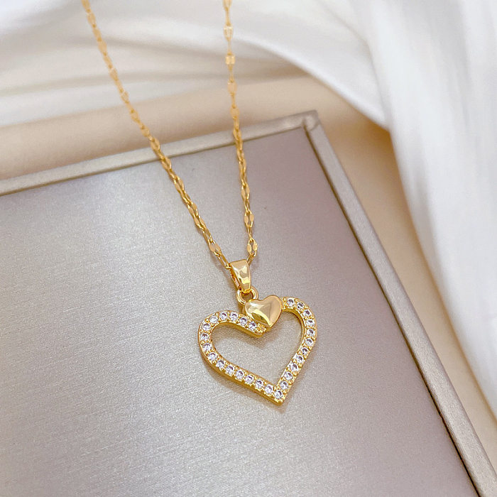 Fashion Heart Shape Titanium Steel Copper Inlay Zircon Pendant Necklace