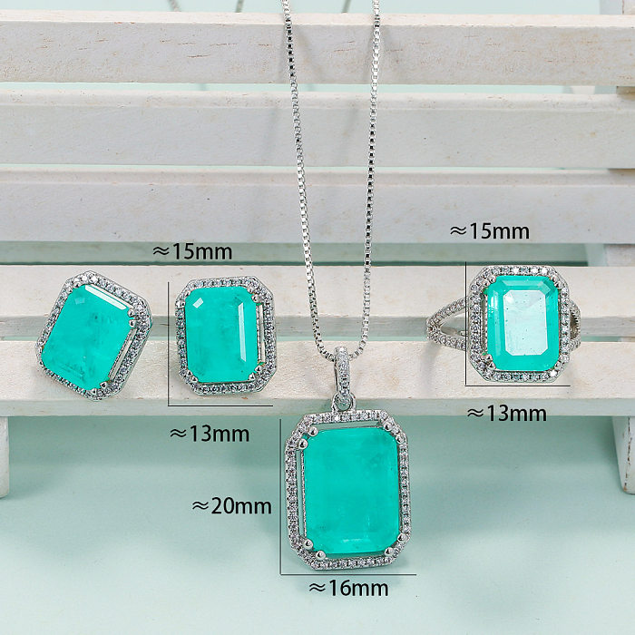 Retro Square Copper Inlay Artificial Gemstones Women'S Rings Earrings Necklace