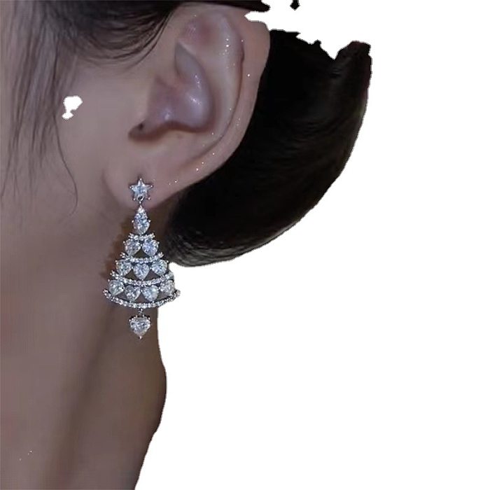 Fashion Christmas Tree Water Droplets Copper Tassel Zircon Earrings 1 Pair
