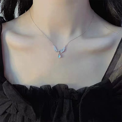 Sweet Water Droplets Wings Copper Inlay Moonstone Pendant Necklace
