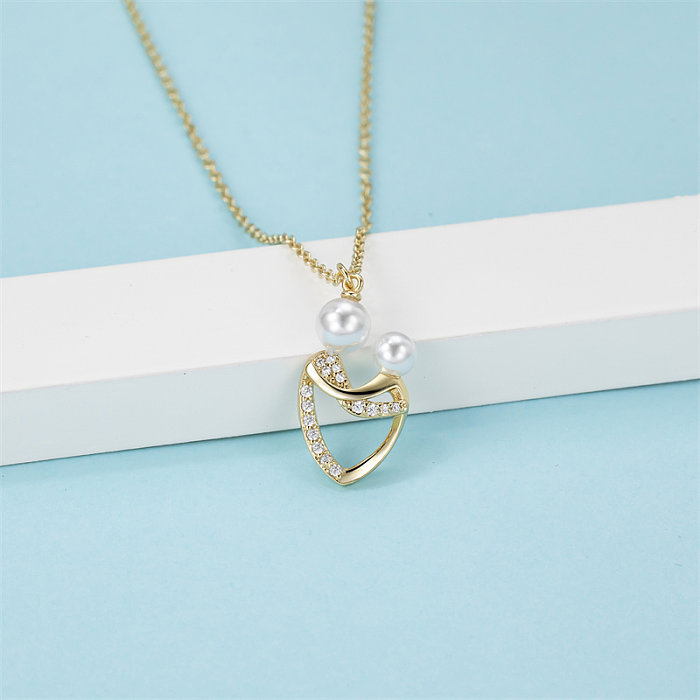 Casual Simple Style Classic Style Heart Shape Copper Gold Plated Artificial Pearls Artificial Diamond Pendant Necklace In Bulk