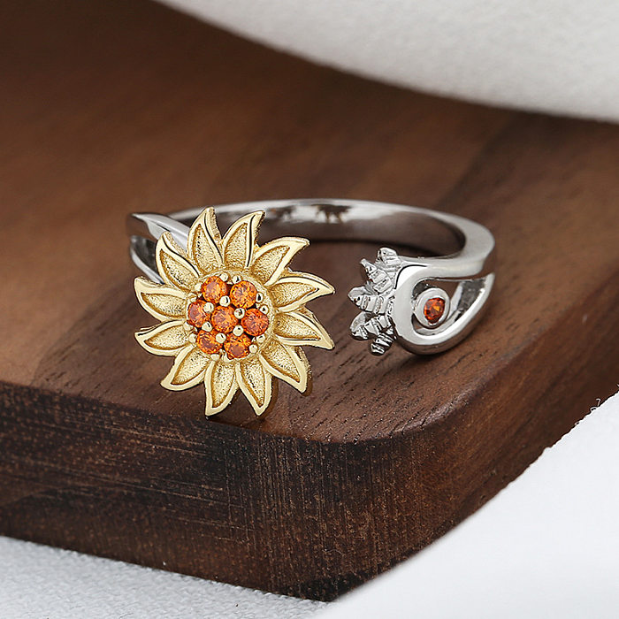 Fashion Leaf Sunflower Copper Inlay Zircon Rings