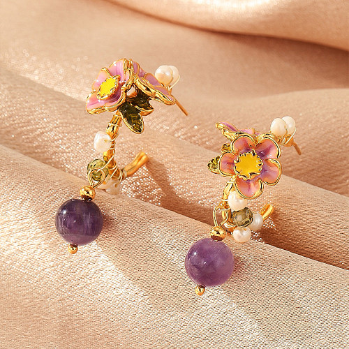 1 paire de boucles d'oreilles pendantes en cuivre, Imitation de fleur, Style Simple, perle