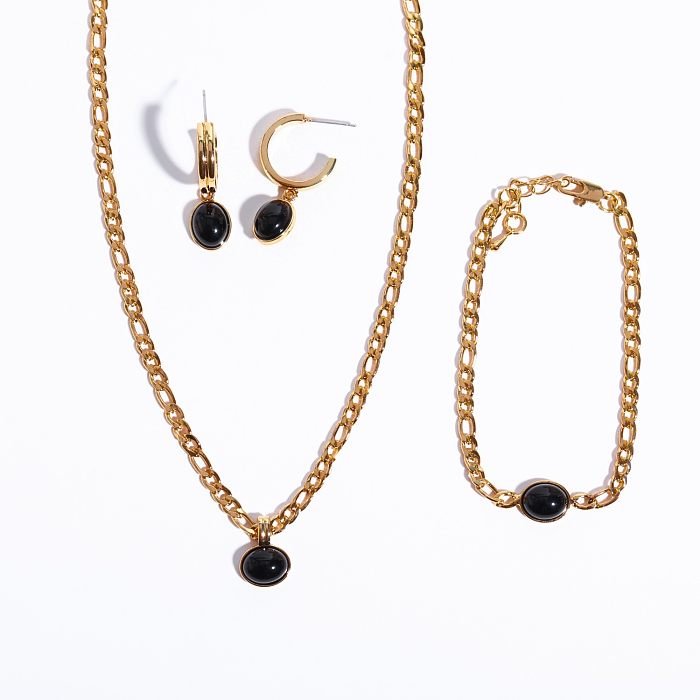 Style simple ovale en acier inoxydable placage pierre naturelle plaqué or 18 carats bracelets boucles d'oreilles collier