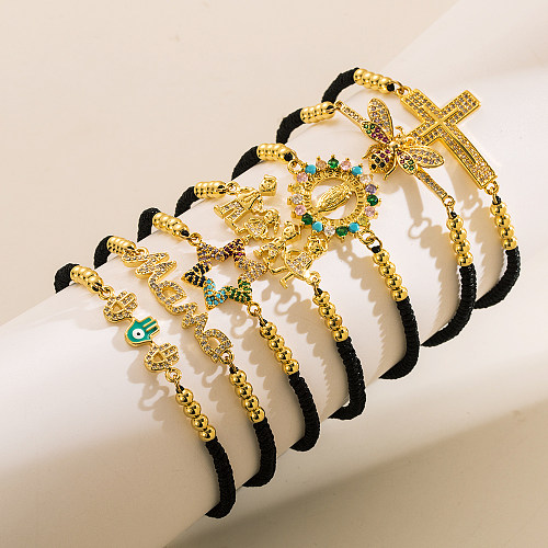 1 Piece INS Style MAMA Cross Devil'S Eye Bee Rope Copper Plating Braid Inlay Zircon 18K Gold Plated Bracelets