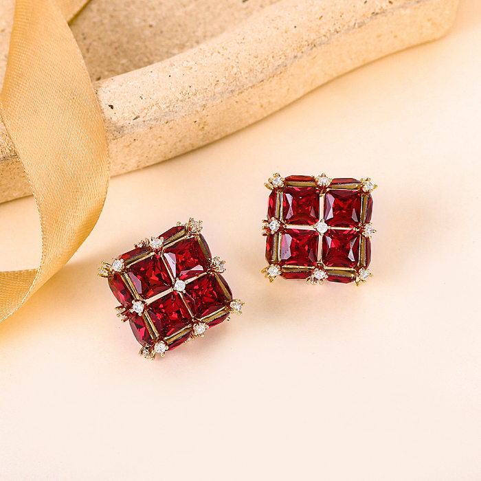1 Pair Simple Style Square Copper Inlay Zircon Earrings