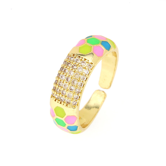 Simple Style Hexagon Copper Enamel Plating Inlay Zircon Gold Plated Open Ring