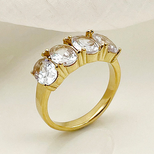 Anéis banhados a ouro de zircão com revestimento de aço inoxidável oval glam