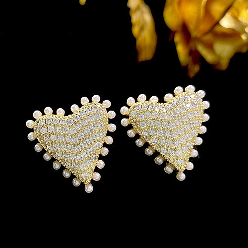 1 par de pendientes de circonita de cobre con incrustaciones de perlas de imitación en forma de corazón para mujer