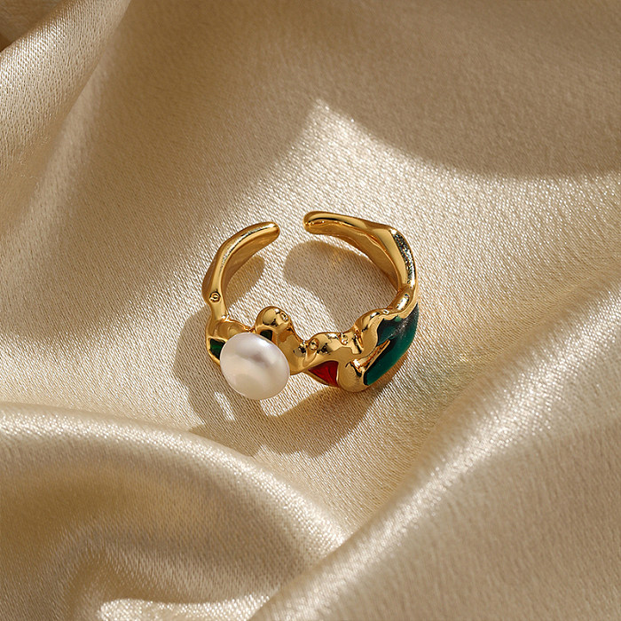 Classical Retro Commute Irregular Copper Painted Plating Inlay Pearl 18K Gold Plated Open Rings