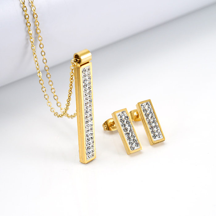 Fashion Rectangle Stainless Steel Inlay Rhinestones Earrings Necklace 1 Set