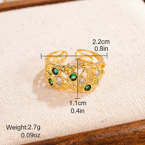 Estilo vintage estilo simples irregular redondo cobre chapeamento oco incrustação zircão anel aberto banhado a ouro 18K