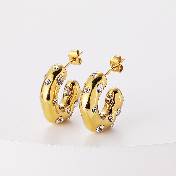Fashion Golden Geometric C-shaped Inlaid Zircon Copper Stud Earrings Wholesale