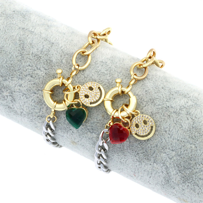Hip-Hop Vintage Style Heart Shape Smiley Face Copper Plating Inlay Zircon Gold Plated Bracelets