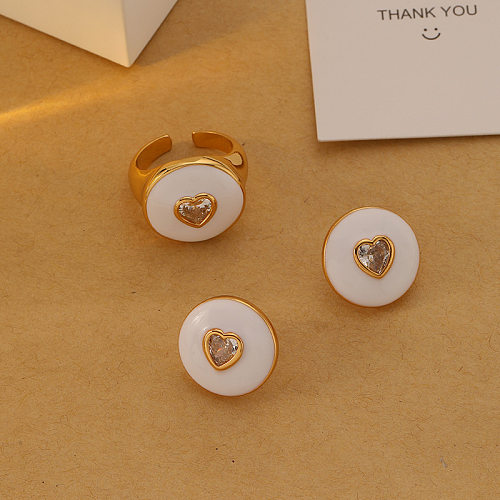 Brincos de anéis de zircônia com incrustação de esmalte de cobre em formato de coração estilo clássico