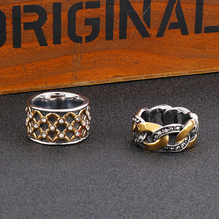 Anéis de strass embutidos de polimento geométrico de aço inoxidável retrô punk