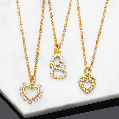 Simple Style Heart Shape Copper Gold Plated Zircon Pendant Necklace 1 Piece