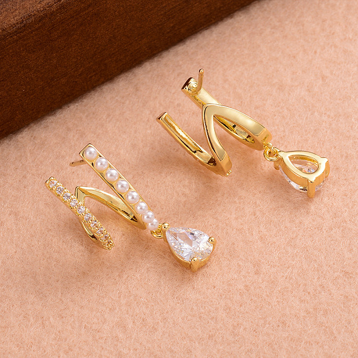 1 Pair IG Style Elegant Romantic Water Droplets Plating Inlay Copper Artificial Pearls Zircon 14K Gold Plated Drop Earrings