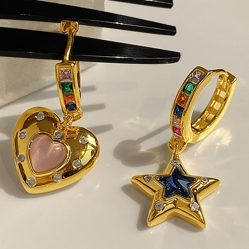 Boucles d'oreilles pendantes rétro en forme d'étoile et de cœur, incrustation de cuivre en Zircon, 1 paire