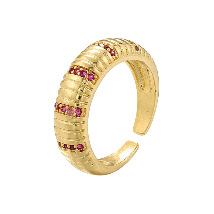 Elegant Round Stripe Copper Plating Inlay Zircon 18K Gold Plated Open Rings