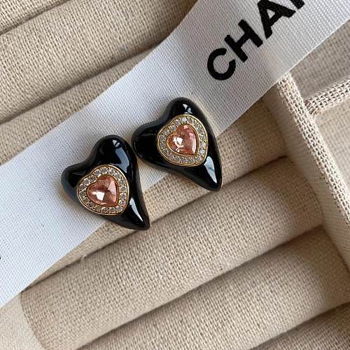 1 paire de clous d'oreilles en cuivre et Zircon, Style Simple, en forme de cœur, incrustation de placage