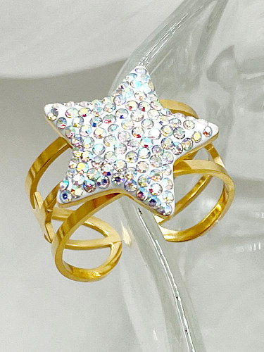 Anillo abierto de diamantes de imitación chapados en oro de acero inoxidable con estrella de estilo clásico simple a granel