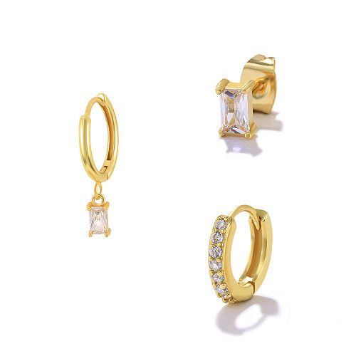 3 Pieces Fashion Geometric Copper Plating Zircon Earrings