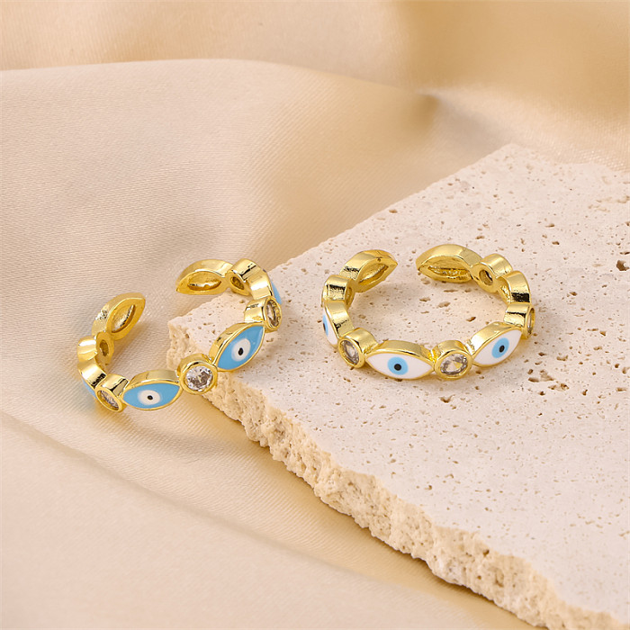 Wholesale Casual Vintage Style Cool Style Eye Stainless Steel Enamel Plating Inlay 18K Gold Plated Rhinestones Open Rings
