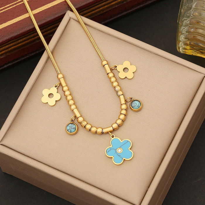 IG Style Style classique fleur placage en acier inoxydable incrustation Turquoise Bracelets boucles d'oreilles collier