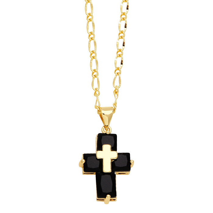 Collar con colgante chapado en oro de 18 quilates con incrustaciones de cobre y cruz de estilo simple IG