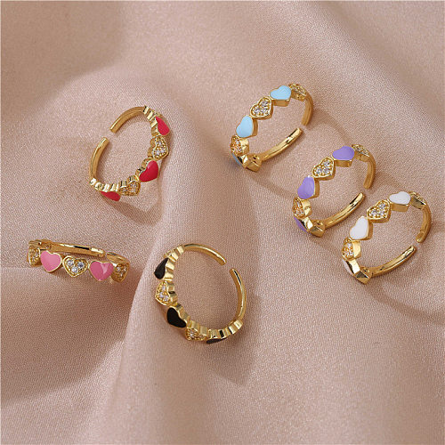 Vintage Micro-inlaid Zircon Color Drop Oil Heart Opening Adjustable Copper Ring Wholesale jewelry