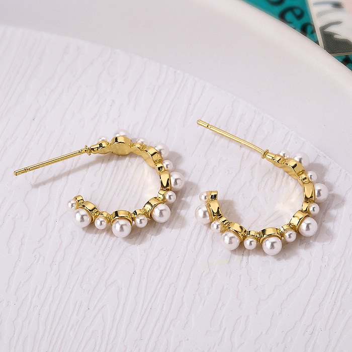 1 Pair Simple Style Commute Solid Color Plating Inlay Copper Artificial Pearls Zircon 18K Gold Plated Earrings
