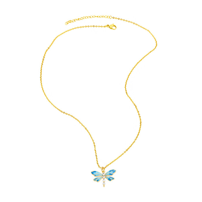 Cute Sweet Dragonfly Stainless Steel Copper Enamel Plating Zircon 18K Gold Plated Pendant Necklace