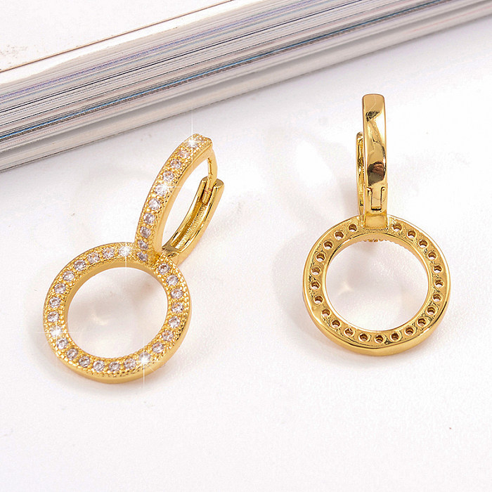 1 par de pendientes de gota chapados en oro de 18K con incrustaciones huecas de doble anillo de estilo Simple estilo IG