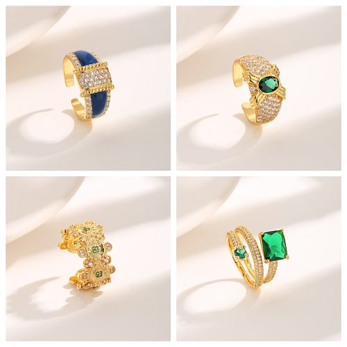 Vintage Style Cross Square Daisy Copper Criss Cross Plating Inlay Zircon 18K Gold Plated Open Rings