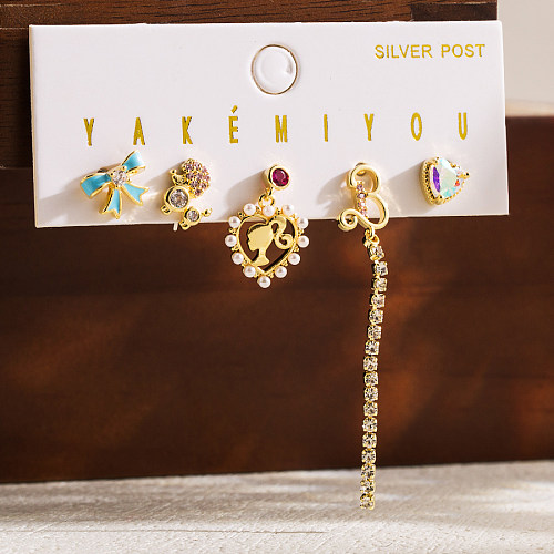 1 Set Cute Heart Shape Bow Knot Inlay Copper Pearl Zircon 14K Gold Plated Drop Earrings