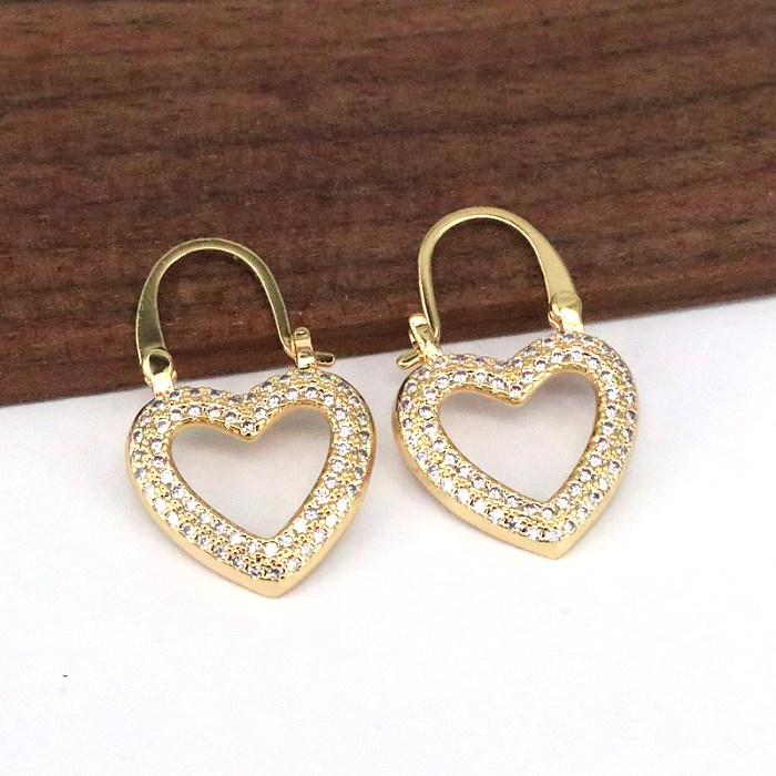 1 paire de boucles d'oreilles Streetwear en forme de cœur, incrustation de cuivre et de Zircon plaqué or