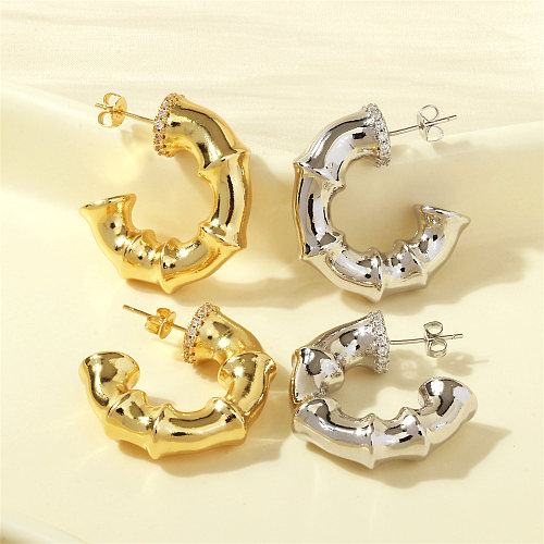 1 Pair Retro Simple Style C Shape Bamboo Plating Inlay Copper Zircon 18K Gold Plated Ear Studs