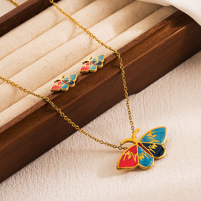 Elegante borboleta de aço inoxidável esmaltado banhado a ouro 18K colar de brincos femininos
