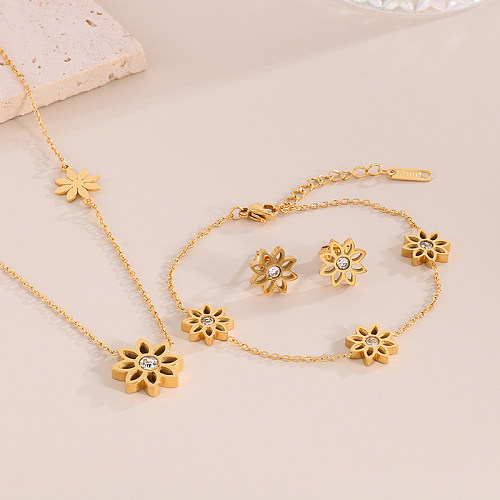 Schlichter Stil, Lotus-Chrysantheme, Titan-Stahlbeschichtung, ausgehöhlt, 18 Karat vergoldet, Armbänder, Ohrringe, Halskette