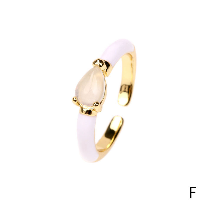 Simple Style Commute Water Droplets Copper Enamel Plating Inlay Crystal 18K Gold Plated Open Rings