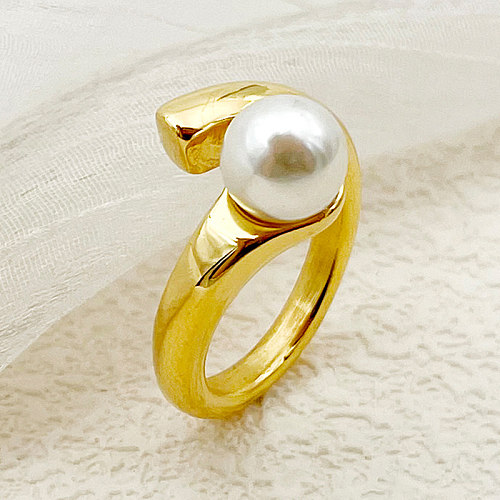 Wholesale Roman Style Commute Solid Color Stainless Steel Plating Inlay Gold Plated Pearl Open Rings