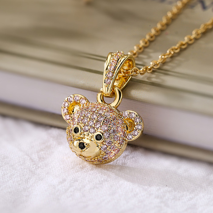 Cute Simple Style Bear Copper Plating Inlay Zircon 18K Gold Plated Pendant Necklace