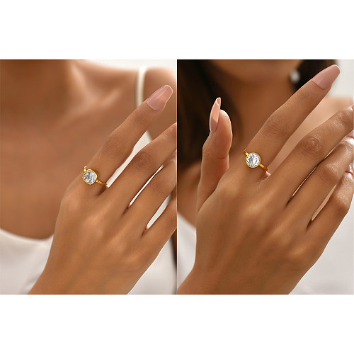 Elegant Simple Style Shiny Round Square Stainless Steel Inlay Zircon 18K Gold Plated Open Ring