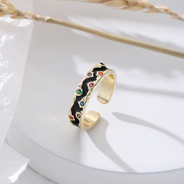 Elegante Streetwear-offene Ringe mit geometrischem Kupfer-Emaille-Inlay und Strasssteinen