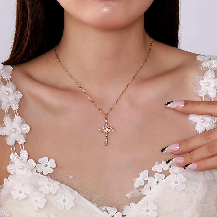Streetwear Cross Heart Shape Stainless Steel Copper Plating Inlay Zircon 18K Gold Plated Pendant Necklace
