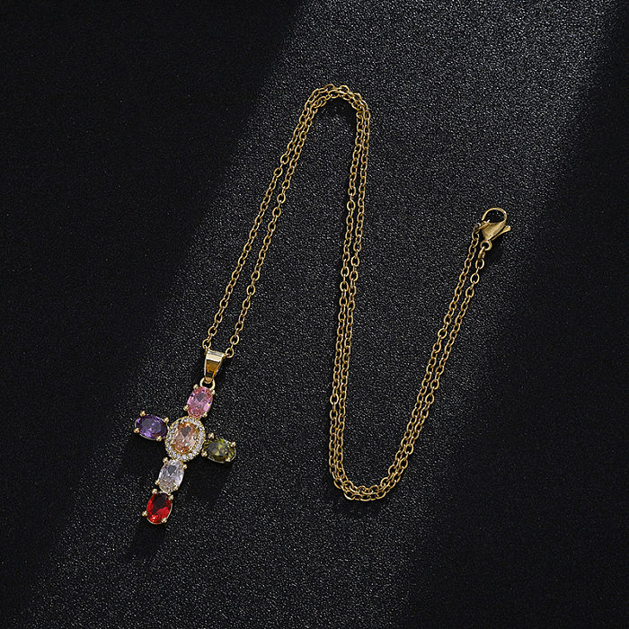 Fashion Cross Copper Plating Zircon Pendant Necklace